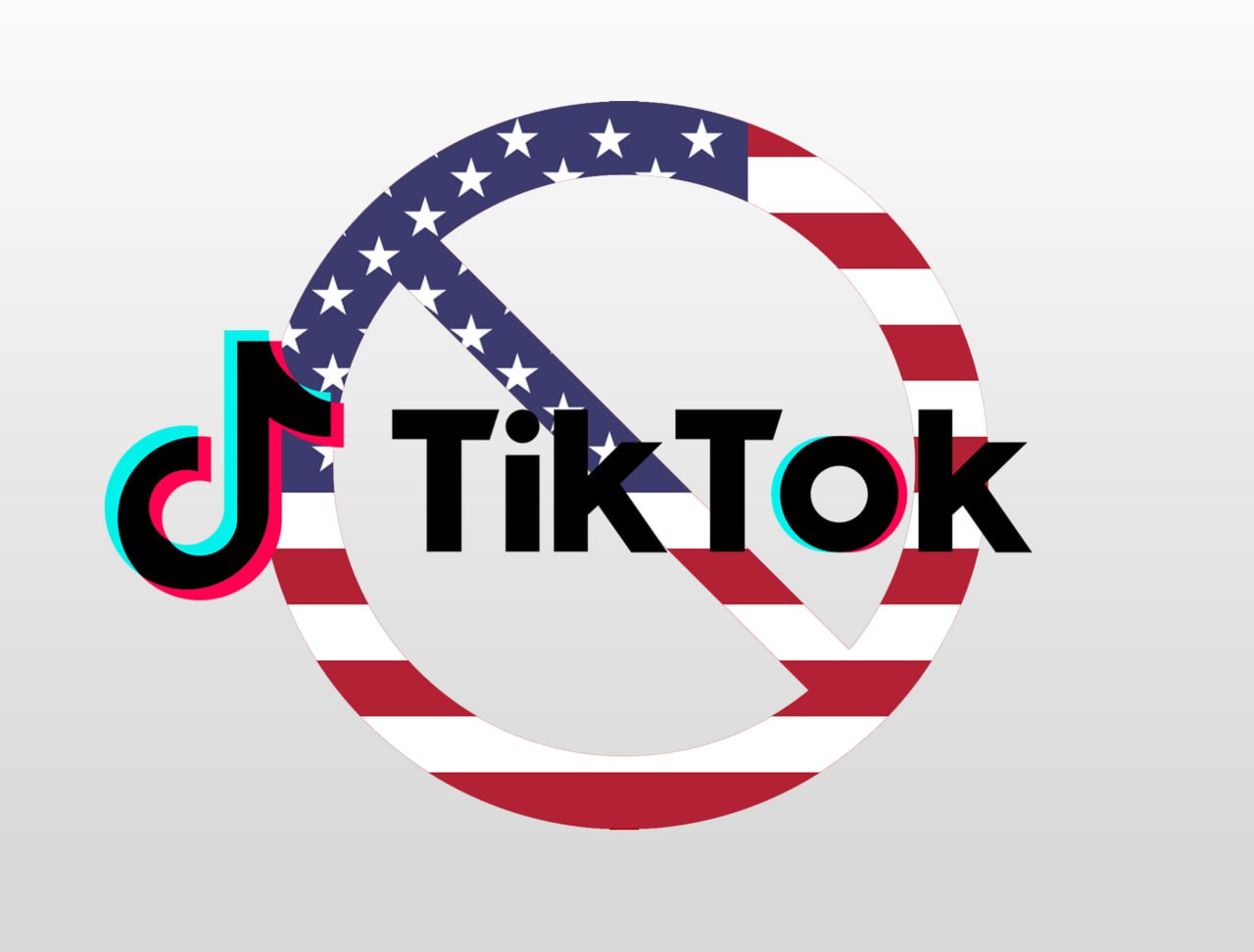 Zdjęcie przedstawia symbol zakazu, który jest tekstury flagi USA, nad symbolem jest logo aplikacji TikTok