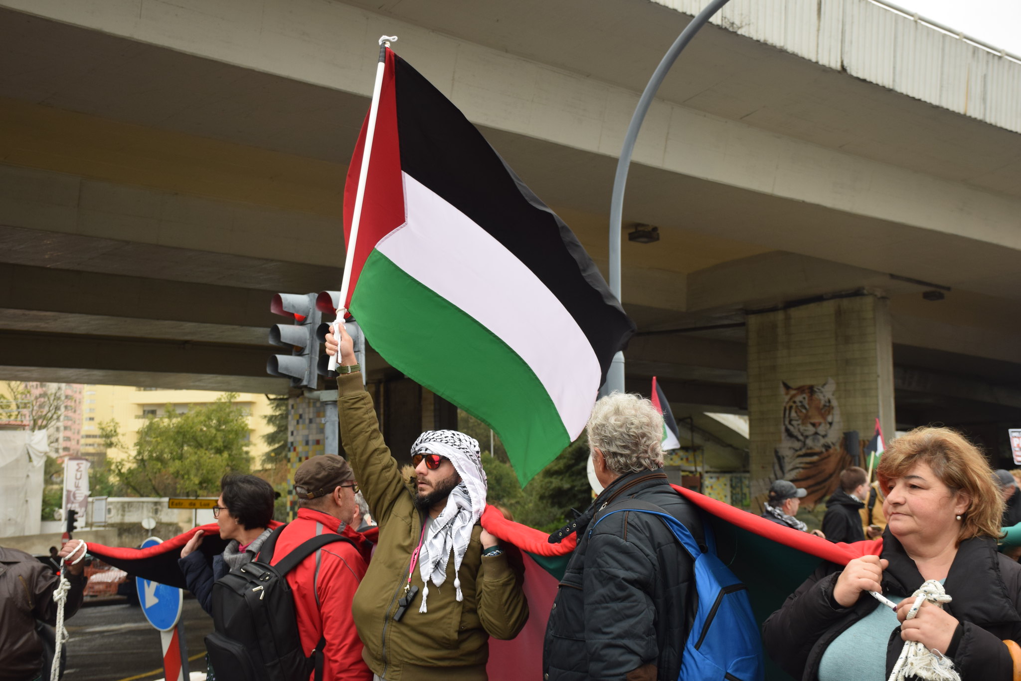 Na zdjęciu widać flagę Palestyny i tłum uczestniczący w demonstracji