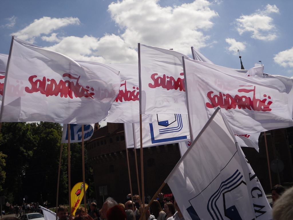 Na zdjęciu znajduje się protest, głównie wyróżniają się flagi NSZZ "Solidarność"